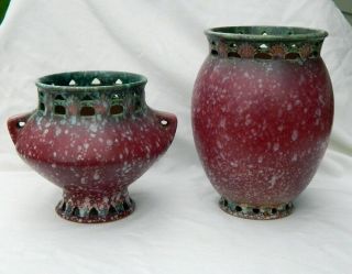 Pottery Art Spongeware Spatter Vases (2) Fleur De Lis Cutout Red Green Vintage