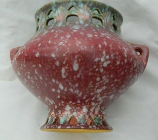 Pottery Art Spongeware Spatter Vases (2) Fleur de Lis Cutout Red Green Vintage 4