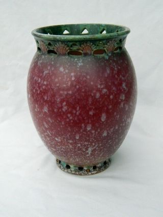 Pottery Art Spongeware Spatter Vases (2) Fleur de Lis Cutout Red Green Vintage 8