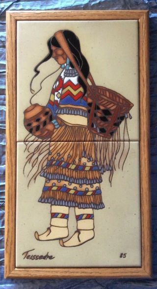 Vtg Cleo Teissedre Dbl Tile Framed Trivet Wall Art Native American Indian,  1985