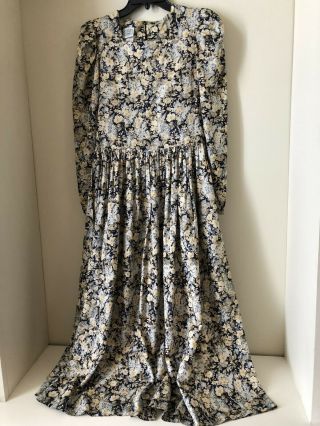 Vintage Laura Ashley Navy Floral Printed Cotton Tea Dress Sz 8 Long Puff Sleeve