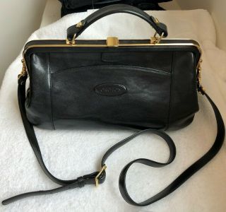 Vintage Oroton Black Leather Framed Satchel Shoulder Handbag