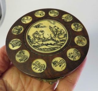 Vintage Chinese Feng Shui Compass Bone Scrimshaw Wooden Cased Signed
