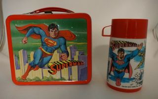 1978 Dc Comics Vintage Superman Metal Lunch Box With Superman Thermos Af4
