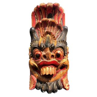 Vintage Carved Wood Barong God Wall Hanging Mask From Bali Indonesia