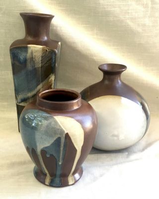 Set Of 3 Vintage Ceramic Vases - Pottery Craft Usa - Blues & Browns