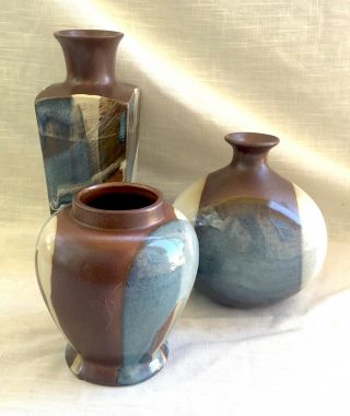 Set of 3 Vintage Ceramic Vases - Pottery Craft USA - Blues & Browns 2