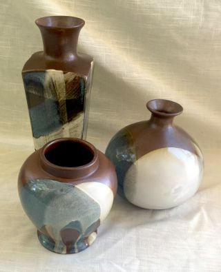 Set of 3 Vintage Ceramic Vases - Pottery Craft USA - Blues & Browns 4