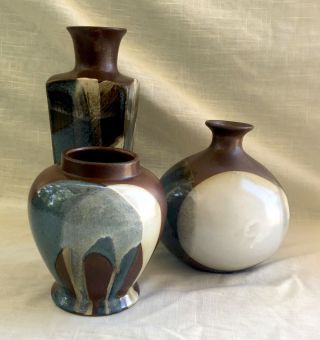 Set of 3 Vintage Ceramic Vases - Pottery Craft USA - Blues & Browns 5