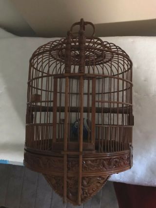 Vintage Asian Hand Carved Bamboo Bird Cage With Porcelain Feeder