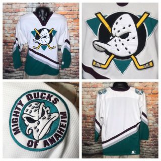 Vintage Starter Anaheim Mighty Ducks White Sewn Nhl Hockey Jersey Size Medium
