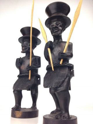 Vintage Ebony Wood Hand Carved Candlesticks Tribal Guards Candle Holders