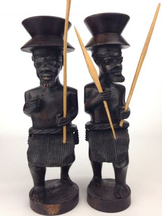 Vintage Ebony Wood Hand Carved Candlesticks Tribal Guards Candle Holders 2