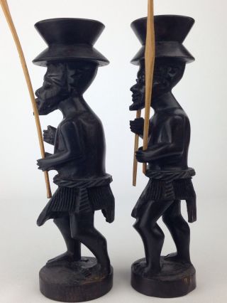 Vintage Ebony Wood Hand Carved Candlesticks Tribal Guards Candle Holders 7