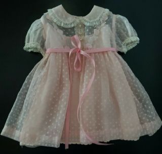 Vintage Pink Sheer Flocked Baby Girl Floral Lace Party Dress & Slip 15 "
