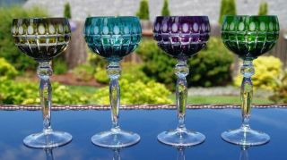 Four Vintage Czech Bohemian Cut To Clear Multicolor Wine Hocks Glasses 7 1/2 "