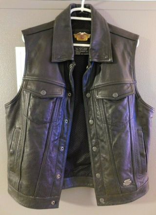 Vtg Harley Davidson Usa Made Black Leather Snap Button Motorcycle Vest Mens M