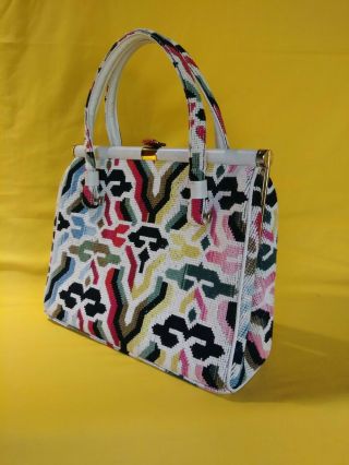 Vtg 60s Op Art Needlepoint Tapestry Handbag Purse White Pop Color Clasp Carpet