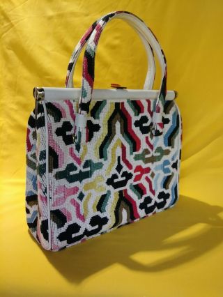 Vtg 60s Op Art Needlepoint Tapestry Handbag Purse White Pop Color Clasp carpet 2