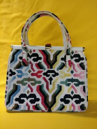 Vtg 60s Op Art Needlepoint Tapestry Handbag Purse White Pop Color Clasp carpet 3