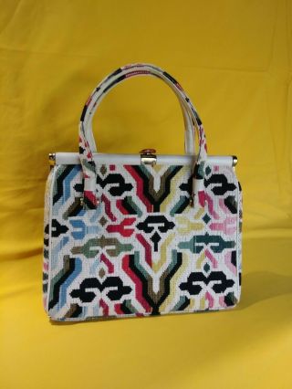 Vtg 60s Op Art Needlepoint Tapestry Handbag Purse White Pop Color Clasp carpet 4