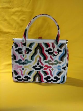 Vtg 60s Op Art Needlepoint Tapestry Handbag Purse White Pop Color Clasp carpet 5