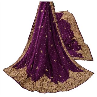 Sanskriti Vintage Purple Heavy Dupatta Pure Satin Silk Hand Embroidered Stole
