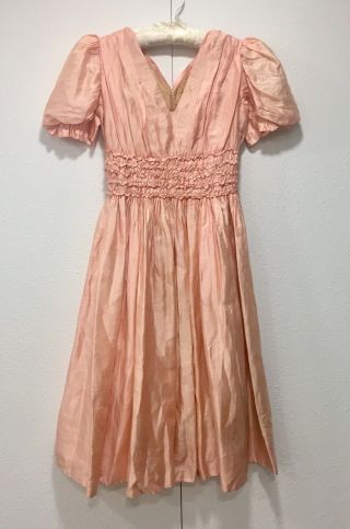 Antique Victorian Peachy Pink Silk Child’s Party Dress Ruching Puff Sleeve Girls