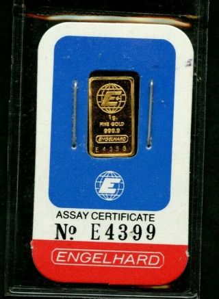 Engelhard 999.  9 Pure Gold 1 Gram Vintage Assay Bar Certificate