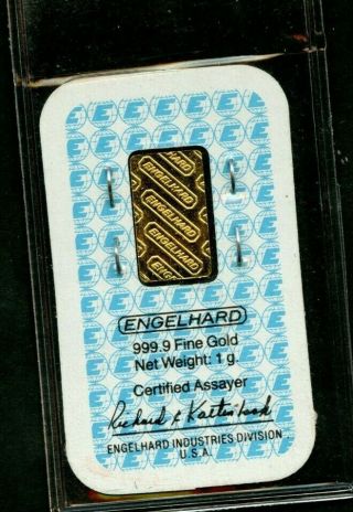 Engelhard 999.  9 Pure Gold 1 Gram Vintage Assay Bar Certificate 2