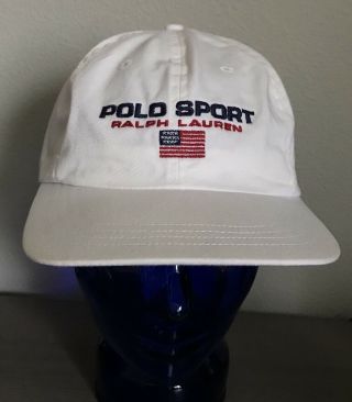 Vtg Ralph Lauren Polo Sport Strapback Cap Hat White Flag Spellout