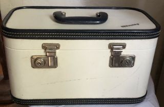 Vintage 1950s Wheary White Black Trim Train Bag Makeup Case Suitcase Luggage