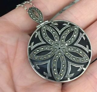 Vintage Jewellery Lovely Large Sterling Silver Marcasite Flower Pendant & Chain