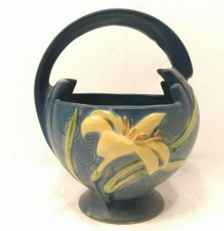 Vintage 1940s Scarce Roseville Pottery Blue Zephyr Lily Daylily Basket Bowl Vase