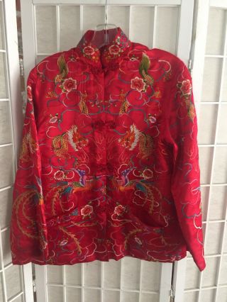 Vintage Chinese Red Silk Mythical Dragons/firebirds Embroidered Jacket