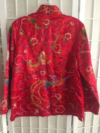 Vintage Chinese Red Silk Mythical Dragons/Firebirds Embroidered Jacket 2