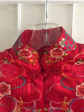 Vintage Chinese Red Silk Mythical Dragons/Firebirds Embroidered Jacket 7