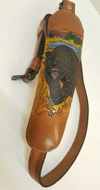 Vintage Torel Rifle Sling 4753 Embossed Bear Motif Leather Cowhide Padded