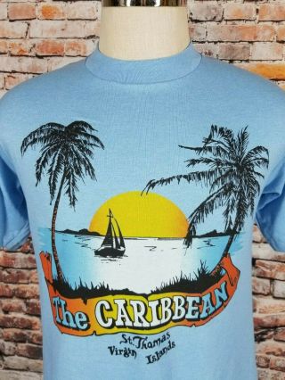 Vintage The Caribbean Sunset Print T Shirt Tourist,  50/50 Usa Made,  M/l Unworn