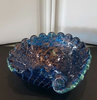 Vintage Murano Blue Glass And Gold Ashtray Controlled Bubble Art Glass