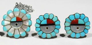 Vintage Signed Zuni Turquoise Inlay 925 Silver Sunface Pendant & Earrings Set