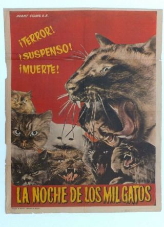 Orig Vtg 1972 Night 1000 Thousand Cats 27x41 Mexico 1sh Cult Horror Movie Poster