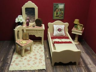 Strombecker Complete Six Piece Bedroom Set,  Vintage Wooden Dollhouse Furniture