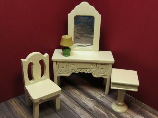 Strombecker COMPLETE SIX PIECE BEDROOM SET,  Vintage Wooden Dollhouse Furniture 4