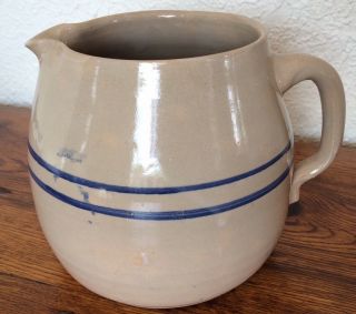 Antique Vintage Stoneware Pottery Pitcher Blue Bands Marshall Pottery