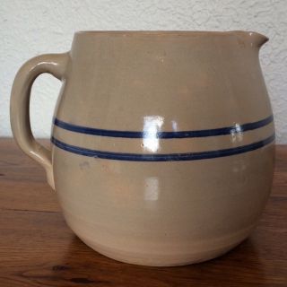 Antique Vintage Stoneware Pottery Pitcher Blue Bands Marshall Pottery 7