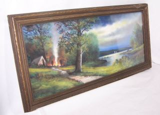 Vintage A.  Gunderson Pastel Chalk Painting Campfire By The Lake