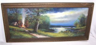 Vintage A.  Gunderson Pastel Chalk Painting Campfire by the Lake 2