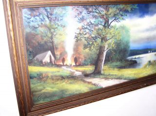 Vintage A.  Gunderson Pastel Chalk Painting Campfire by the Lake 3