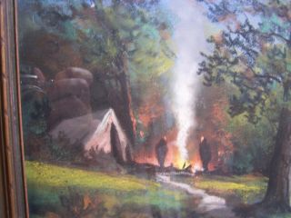 Vintage A.  Gunderson Pastel Chalk Painting Campfire by the Lake 5